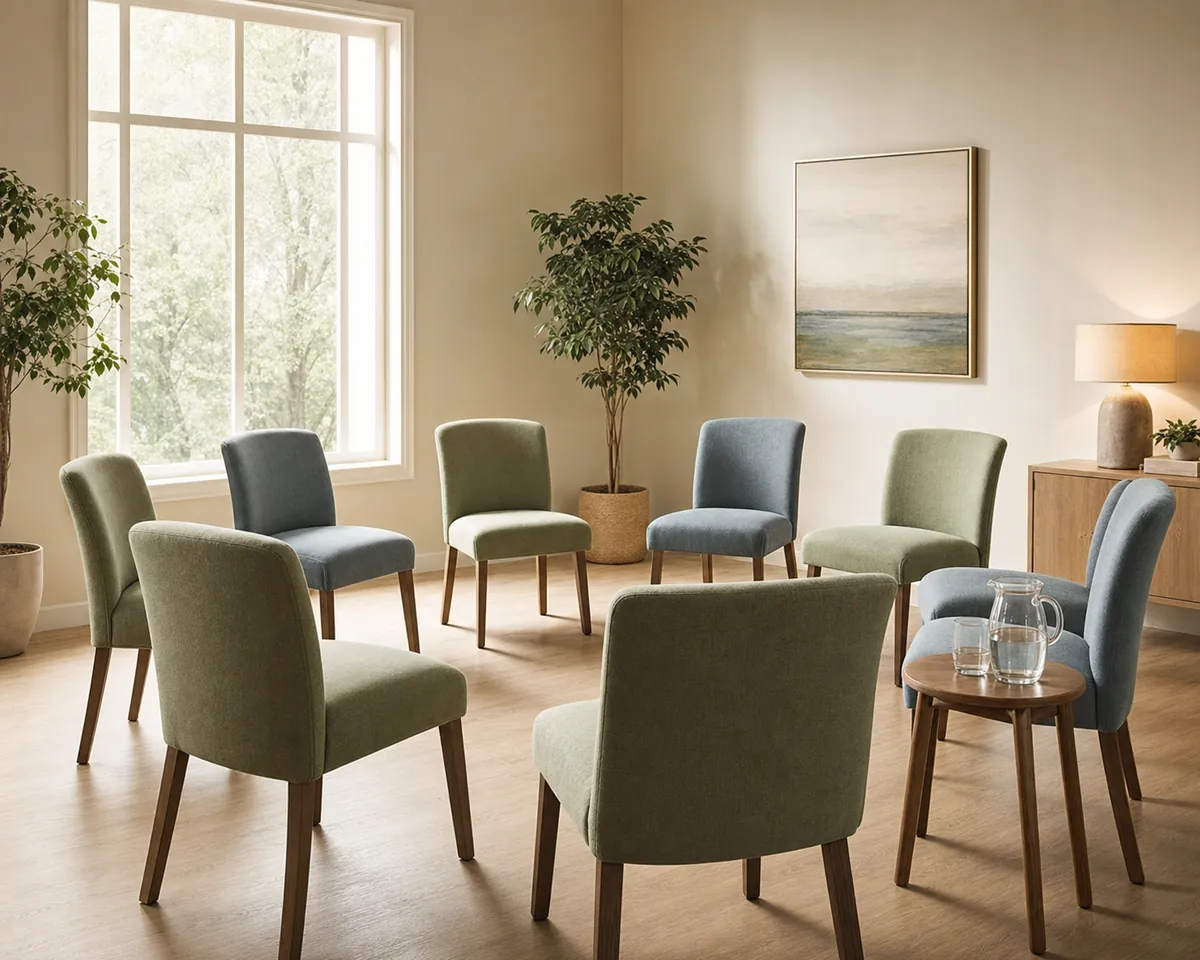 An empty group therapy room with a circle of sage and blue-grey chairs beside a sunlit window