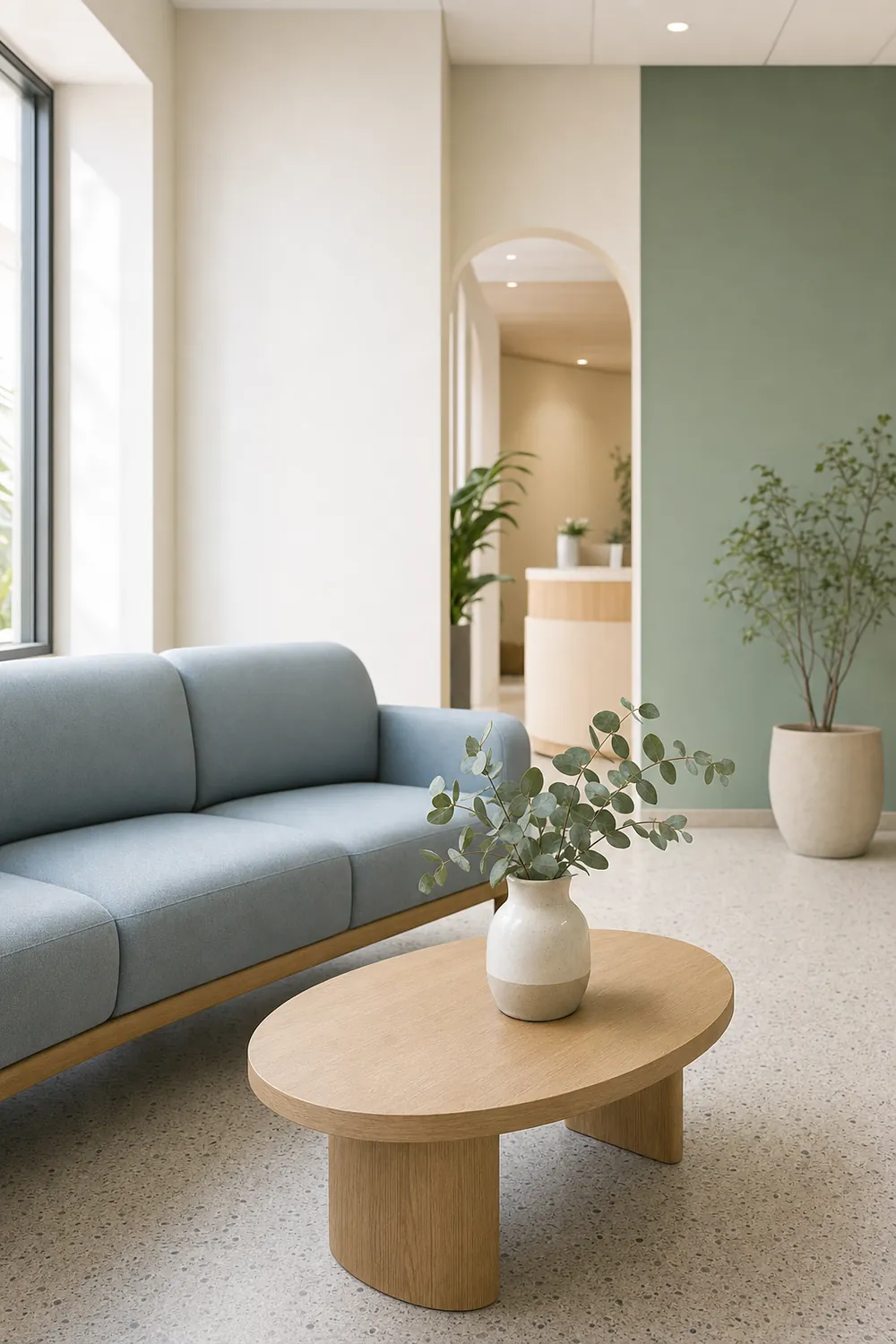 A calm clinic waiting area with a soft blue sofa, oak table, and eucalyptus branches in a ceramic vase